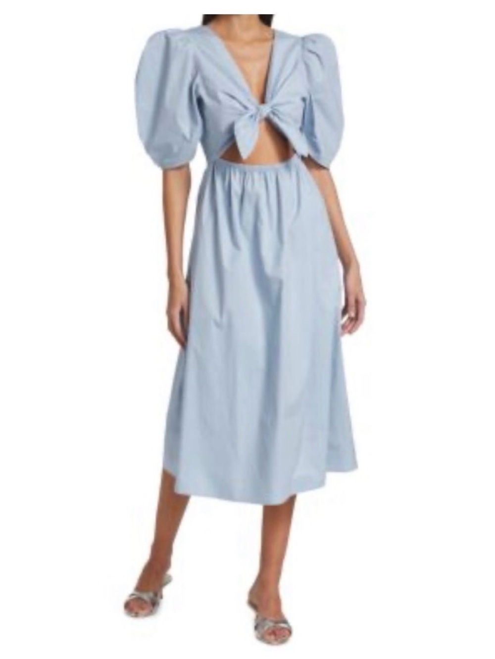 Wayf Pale Blue Puff-Sleeve Tie-Front Midi Dress